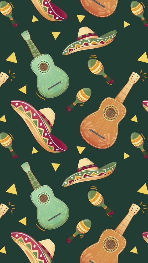 an image of a pattern with guitars and sombreros