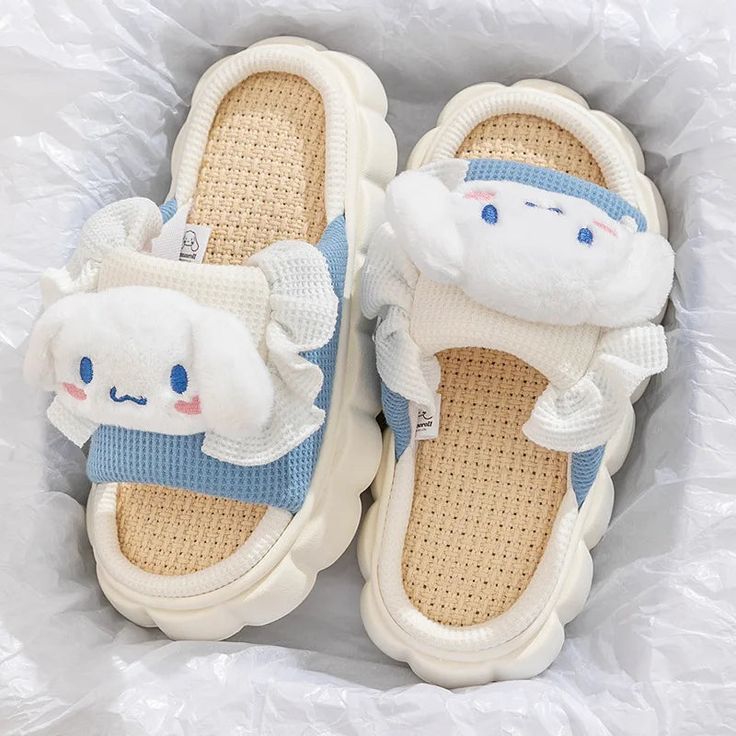 Kawaii Sanrio Slippers Cute Non-slip Slide Slippers, Cute Open Toe Synthetic Slippers, Non-slip Cartoon Slippers With Round Toe, Cartoon Style Non-slip Slippers With Round Toe, Cartoon Style Non-slip Round Toe Slippers, Comfortable White Flat Platform Slippers, Kawaii Synthetic Slippers With Round Toe, Cute Plush Indoor Slippers, Cute White Beach Slippers