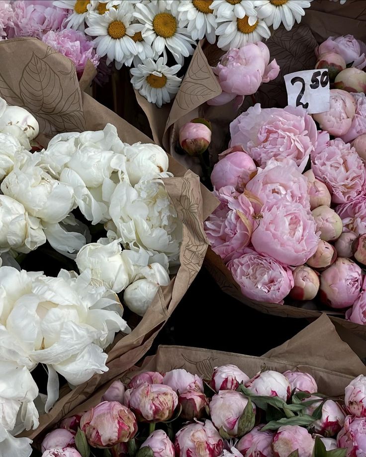 many different types of flowers on display for sale with price tags in the middle one is pink and white