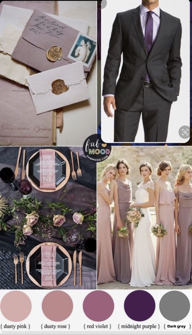 the color scheme for this wedding is purple and gray, while the bridesmaid's dresses are pink