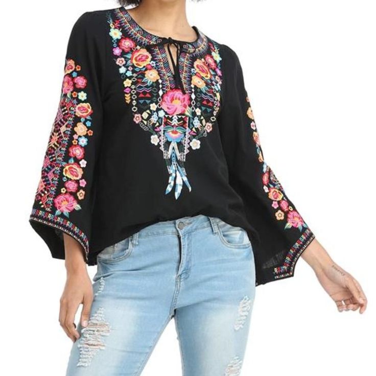 Black Floral Embroidered Long Sleeve Blouse Boho V Neck Tunic Top Cottagecore Bohemian Flowy Top Embrace The Perfect Union Of Classic Beauty And Contemporary Trends With This Gorgeous Embroidered Tunic Top. This Captivating Piece Showcases Intricate Floral Embroidery, Striking The Perfect Balance Between Romance And Sophistication. Keyhole, V-Neckline And Long Sleeves Add A Touch Of Allure, While The Flowy Silhouette Provides A Flattering Fit. Add Some Personality To Your Look With This Stunning Embroidered Outfits, Long Black Blouse, Mustard Yellow Blouse, Cottagecore Bohemian, V Neck Tunic, Embroidered Tunic Top, Chic Party, Womens Scrubs, Yellow Blouse