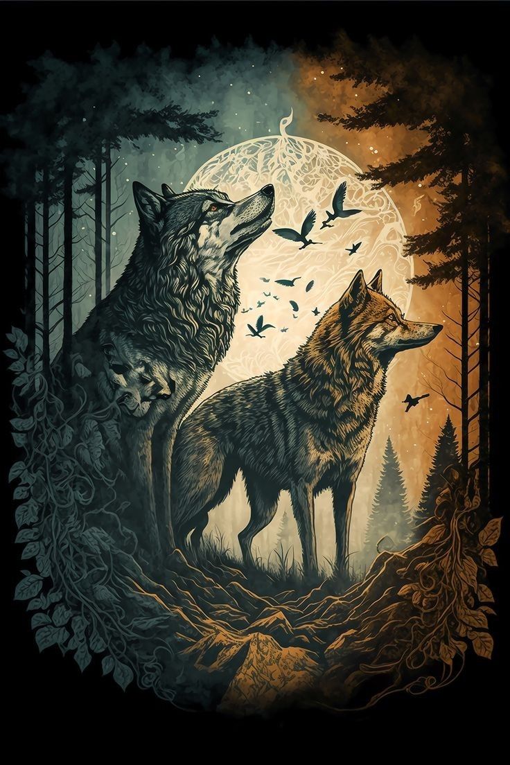 two wolfs are standing in the woods under a full moon with birds flying around