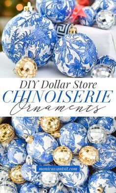 blue and white christmas ornaments with gold accents