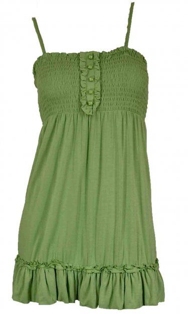 Kensie Girl Clothing Alicia Top In Green Beach Cotton Tops With Ruffled Straps, Cotton Tops With Ruffled Straps For Beach, Casual Ruffled Straps Tops For Vacation, Casual Ruffled Strap Tops For Vacation, Flowy Casual Tops With Ruffled Straps, Stretch Ruffled Tops For Vacation, Stretch Ruffle Tops For Vacation, Stretch Sleeveless Tops For Beachwear, Green Ruffled Tank Top For Summer