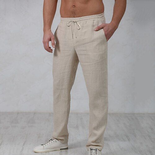 Category:WE-Pants; Season:Spring   Fall; Fabric:Linen Cotton Blend; Gender:Men's; Style:Stylish,Basic,Streetwear; Occasion:Daily,Casual,Outdoor; Fit Type:Regular Fit; Function:Comfort; Waistline:Mid Waist; Pattern:Plain; Design:Straight Leg,Drawstring,Elastic Waist; Brand:OUKU; Pants Type:Trousers,Beach Pants,Linen Pants,Summer Pants; Fly Type:Drawstring,Elasticity; Front page:FF; Listing Date:12/20/2022; Production mode:External procurement; Hips:; Length:; Waist:; Fit US Size:; Fit UK Size:; Fit EU Size: Casual Beach Season Pants With Drawstring, Casual Drawstring Pants For Beach Season, Solid Color Drawstring Harem Pants For Summer, Non-stretch Drawstring Bottoms For Beach, Casual Summer Pants With Drawstring, Beach Pants With Drawstring, Casual Beach Pants For Leisure, Summer Leisure Straight Leg Bottoms, Summer Pants With Drawstring