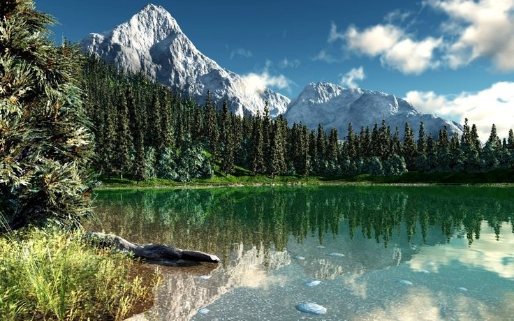 a lake surrounded by trees and mountains under a blue sky