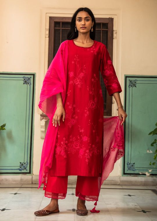 Vaayu | Coral Kurta With Pant | INDIASPOPUP.COM Applique Kurta, Overall Pattern, Blouse Yoke, Personal Shopping Service, Embroidered Dupatta, Straight Kurta, Applique Embroidery, Kurta With Pants, Designer Dresses Indian