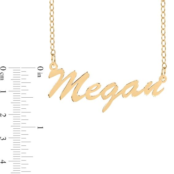 The style is in the spelling with this on-trend personalized necklace. Created in sterling silver with 14K gold plate, this elegant design showcases the name of your choice - between three and 10 characters in length - sculpted in a flowing script font. Polished to a bright shine, this moniker suspends centered along an 18.0-inch cable chain that secures with a spring-ring clasp. Elegant Custom Nameplate Name Necklace, Elegant Custom Name Nameplate Necklace, Classic Formal Name Necklace With Custom Name, Classic Personalized Name Necklace For Formal Occasions, Classic Formal Custom Name Necklace, Classic Nameplate Necklace For Personalized Gift, Elegant Nameplate Charm Necklace For Personalized Gifts, 14k Gold Name Necklace With Round Pendant, Classic Personalized Pendant Name Necklace