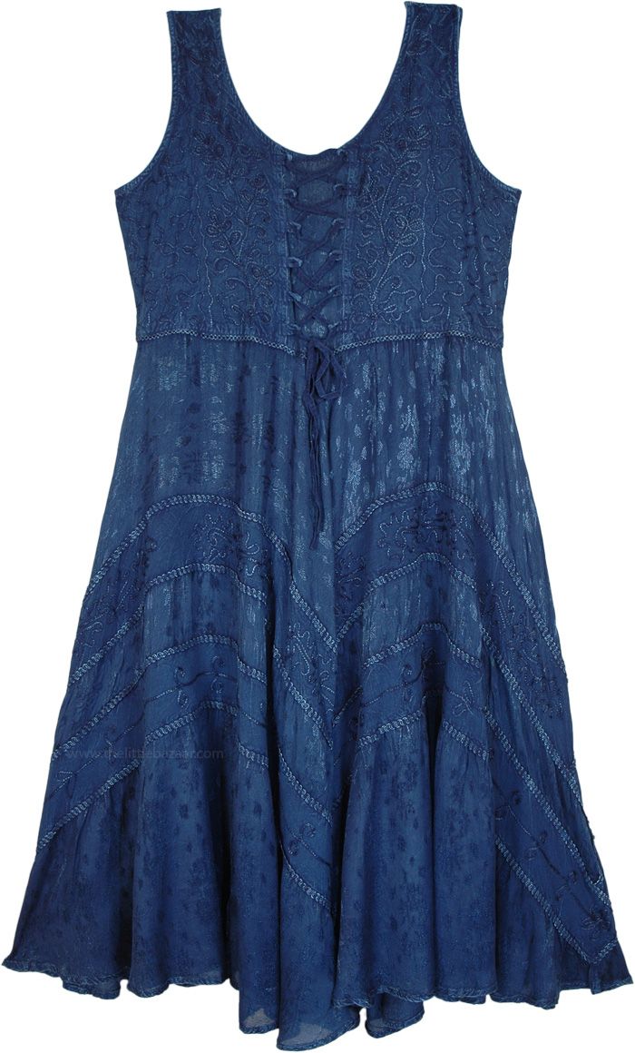 A perfect all-season dress, especially because of its royal blue denim shade.  The dress has a beautiful lace work alongside the stylized panels. #tlb #Sleeveless #Embroidered #Lace #MedievalDress #RenaissanceDress #WesternDress #RayonDress Marceline Fashion, Pearl Market, Earthy Girl, Violet Harmon, Otherworldly Beauty, Dress Medieval, Witchy Outfits, Magic Clothes, Dress Western