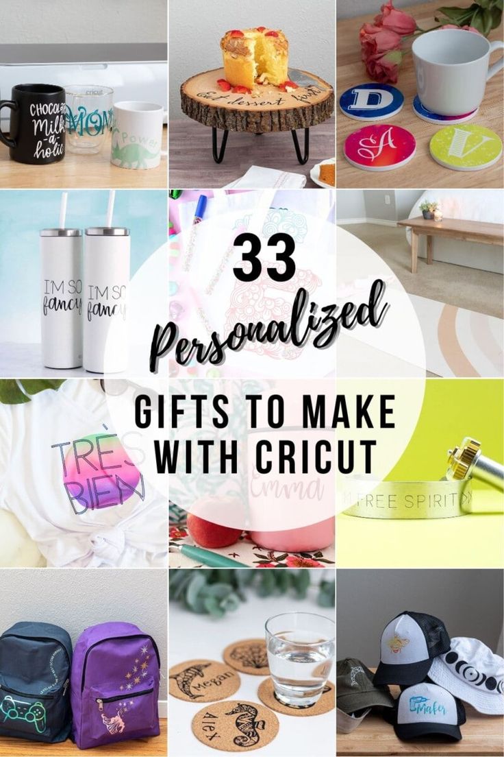 the words 33 personalized gifts to make with cricut are shown in different pictures