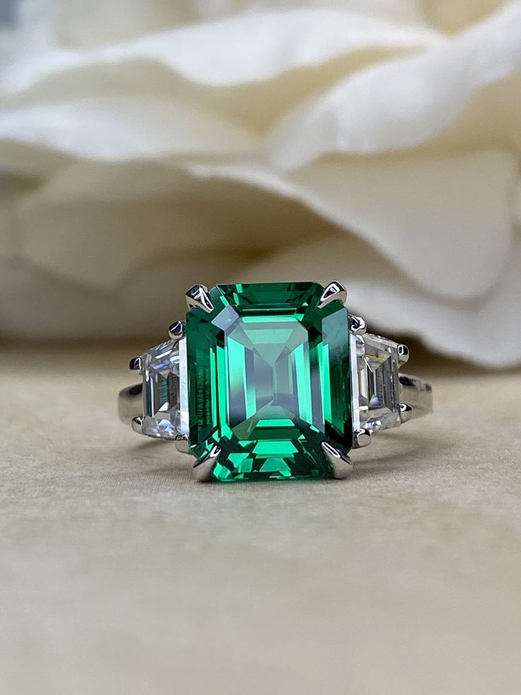 Emerald Cut Engagement Ring, Emrald and Moissanite Engagment Ring 14k White Gold For Ladies, Emerald Moissanite Ring, Emerald Cut Ring,#7067 #HiolidayRing #14kWhiteGold #EmeraldCutRing #EngagementRing #EngagmentRings #EmeraldCut #Ring #RingForLadies #ChristmasGift #EmeraldMoissanite Emerald Ring Design, Three Stone Ring Settings, Emerald Stone Rings, Emerald Wedding Rings, Emerald Cut Engagement, Moissanite Engagement Ring Oval, Emerald Wedding, Emerald Cut Rings, White Gold Set