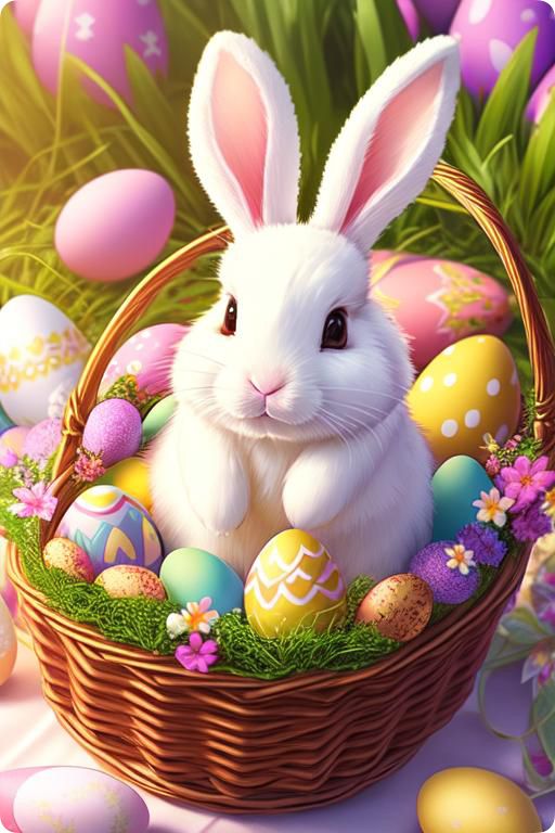 a white rabbit sitting in a basket filled with eggs