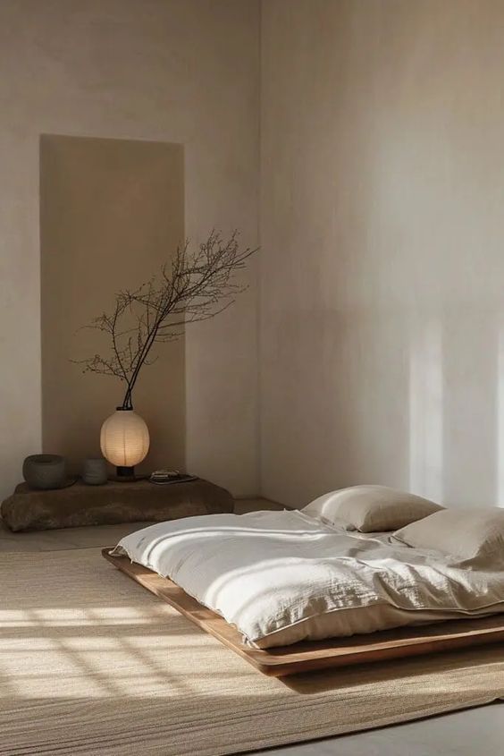 a bed sitting in the middle of a room next to a vase on top of a table