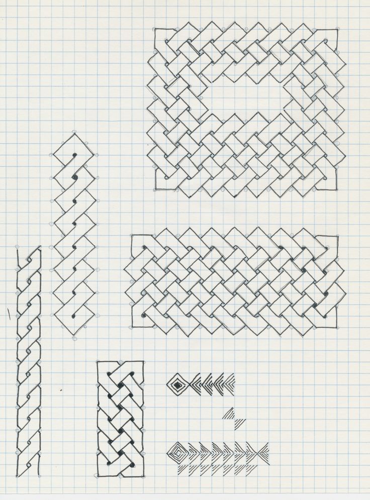 four different types of braiding patterns on lined paper with arrows and an arrow in the middle