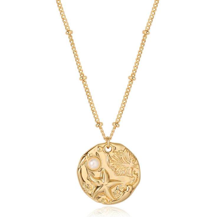 PRICES MAY VARY. Intricate Oceanic Design: Gold circular coin pendant with intricately engraved starfish and seaweed reliefs; pearl embedded for elegance Pendant Size: Necklace length: 19.5 inches + 2-inch extension chain; pendant size: 20.4 mm wide, 19.8 mm high Premium Materials: Made with 14K gold plated over brass; nickel and lead-free; hypoallergenic for sensitive skin Gift-Ready Packaging: Comes in a cute gift box; perfect for family members, friends, and significant others on special occa Seashell Charm Necklace, Gold Jewelry Gift, Handmade Gold Jewellery, Gold Coin Necklace, Chic Bracelet, Handmade Gold, Coin Pendant, Chain Pendant, Gold Coins