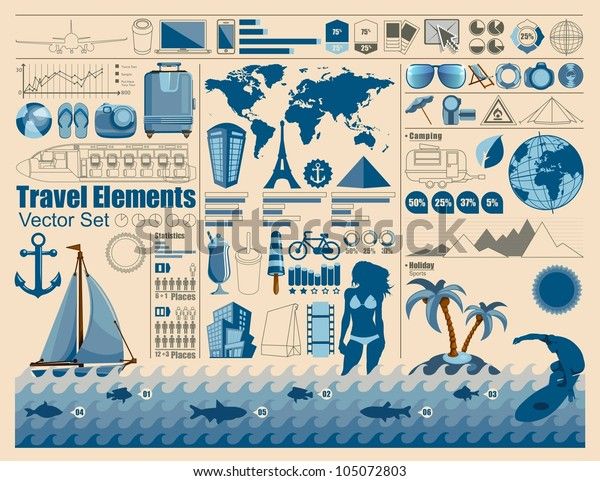 travel elements set in blue and white colors with an ocean scene, palm trees, sail boat