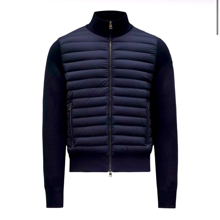 Brand New With Tags Moncler Padded Zip-Up Cardigan In Dark Navy Blue Luxury Navy Long Sleeve Outerwear, Designer Blue Sweater For Winter, Blue Luxury Long Sleeve Cardigan, Luxury Blue Long Sleeve Cardigan, Luxury Long Sleeve Blue Cardigan, Designer Navy Long Sleeve Outerwear, Moncler Jacket, Dark Navy Blue, Dark Navy