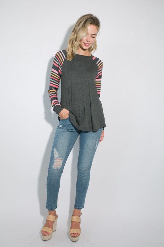 PLUS MULTI STRIPE PRINT AND SOLID MIXED CASUAL TOP- Plus multi stripe print and solid mixed casual top- Round neck and long sleeve- Relaxed fit- Stripe print and solid jersey mixed- 95% RAYON, 5% SPANDEX- MADE IN U.S.A Style: Casual Print / Pattern: STRIPE PRINT AND SOLID Fit: Relaxed fit Neck Line: Round neck Sleeve: Long sleeve Lining: No Made In: United StatesFabric Contents: 95% RAYON, 5% SPANDEXNon-sheer fabricCare Instructions: maxhine wash cold, Do not bleachSize Measurement (inch): 1X: 4 Casual Striped Sleeve Tops For Fall, Casual Striped Tops For Fall, Relaxed Fit Tops With Striped Sleeves For Fall, Fall Relaxed Fit Top With Striped Sleeves, Casual Striped Long Sleeve Top For Spring, Casual Striped Long Sleeve Top For Fall, Winter Cotton Tops With Striped Hem, Fall Color Block Top With Raglan Sleeves, Casual Fall Tops With Striped Hem