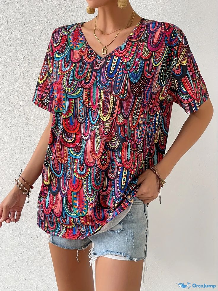 Orcajump - Ethnic Print T-shirt, Casual V Neck Short Sleeve Summer T-shirt, Women's Clothing Casual Multicolor Print T-shirt, Multicolor Patterned T-shirt For Summer, Casual Multicolor Tops With Random Print, Casual Multicolor T-shirt With Colorful Pattern, Multicolor Random Print Top With Short Sleeves, Casual Multicolor Patterned T-shirt, Casual Multicolor Print T-shirt With Colorful Pattern, Casual T-shirt With Colorful Multicolor Print, Summer Graphic Print Patterned T-shirt