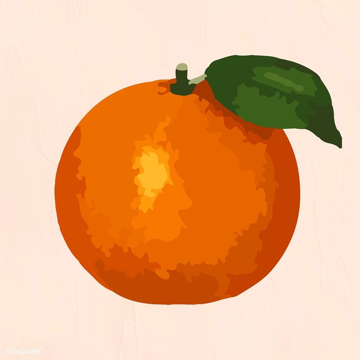 an orange with a green leaf on it's tip, against a beige background