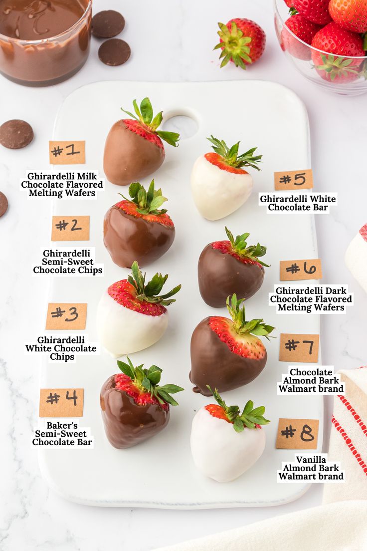 chocolate covered strawberries are arranged on a white platter and labeled with instructions for how to make them