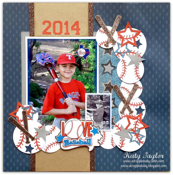 a scrapbook page with an image of a boy holding a baseball bat and ball