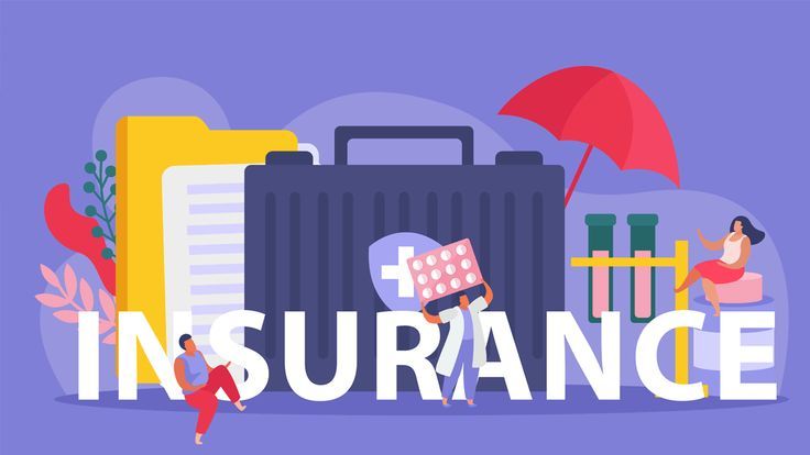 people with an umbrella and suitcase are standing in front of the word insurence