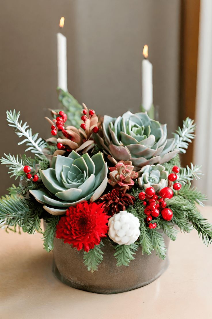 an arrangement of succulents, berries and pine cones sits on a table