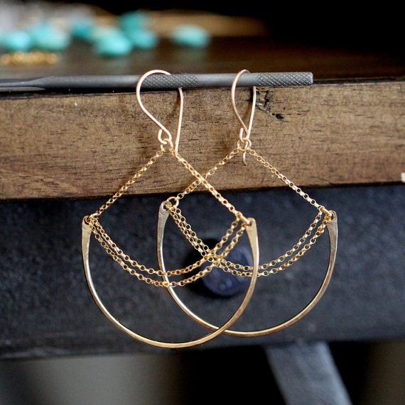 Chandelier Hoop Earrings Gold Statement Hoops by SaressaDesigns Gold Semi-circle Brass Jewelry, Handmade Semi-circle Gold Jewelry, Gold Hand Forged Dangle Chandelier Earrings, Gold Hand Forged Chandelier Earrings As Gift, Hand Forged Gold Chandelier Dangle Earrings, Recycled Gold Dangle Jewelry, Elegant Semi-circle Metal Jewelry, Gold Chandelier Dangle Earrings For Everyday, Elegant Handmade Semi-circle Earrings