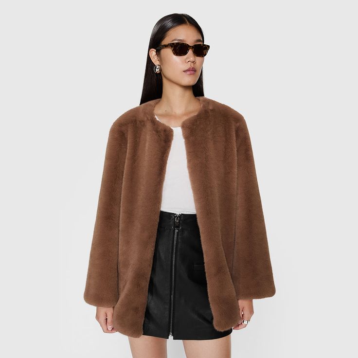 Timeless, classic, elegant describe our Vegan Faux Fur collarless jacket. Made from the most luxurious Vegan Fur this is the perfect go to coat; soft, warm and cozy. Looks great with your favorite jeans or a night out at dinner. | Rebecca Minkoff Vegan Fur Collarless Jacket In Vicuna - Size M Elegant Faux Fur Outerwear For Work, Elegant Faux Fur Coat For Fall, Elegant Long Faux Fur Coat, Classic Long Sleeve Fur Coat For Fall, Chic Outerwear With Faux Fur Lining For Work, Classic Fur Coat For Work In Fall, Elegant Outerwear With Faux Fur, Elegant Mink Outerwear With Faux Fur Lining, Elegant Mink Outerwear For Fall