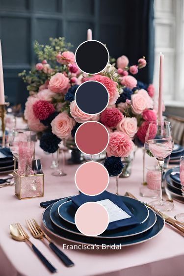 the table is set with pink flowers and black plates, silverware, and candles