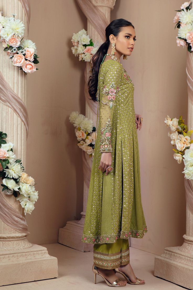 Emira | Pakistani Designer Outfit | Sarosh Salman Eid Anarkali Salwar Kameez Hand Embellished, Bollywood Style Hand Embellished Straight Salwar Kameez, Bollywood Style Semi-stitched Hand Embellished Kurta, Hand Embellished Chinon Kurta For Designer Events, Semi-stitched Hand Embellished Kurta For Diwali, Eid Semi-stitched Hand Embellished Anarkali Set, Festive Semi-stitched Hand Embellished Kurta, Festive Hand Embellished Semi-stitched Kurta, Anarkali Hand Embellished Chinon Kurta