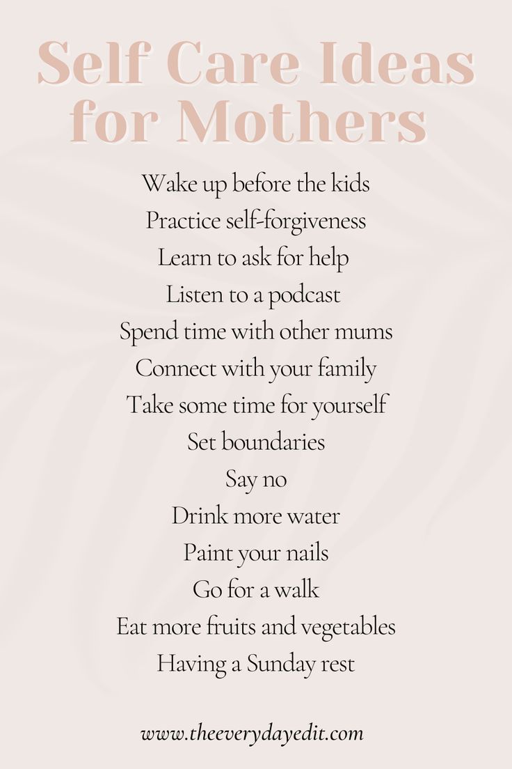 a poem with the words self care ideas for mothers written in pink and white on it