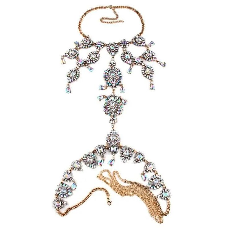 Material: Rhinestone Gold Crystal Body Chain With Adjustable Chain, Glamorous White Jewelry With Sparkling Stones, White Body Chain For Gift, Dazzling White Rhinestone Jewelry, Gold Crystal Body Chain With Rhinestones, White Rhinestone Jewelry, Dazzling Crystal Jewelry With Chain, Dazzling Crystal Chain Jewelry, White Cubic Zirconia Jewelry With Rhinestones