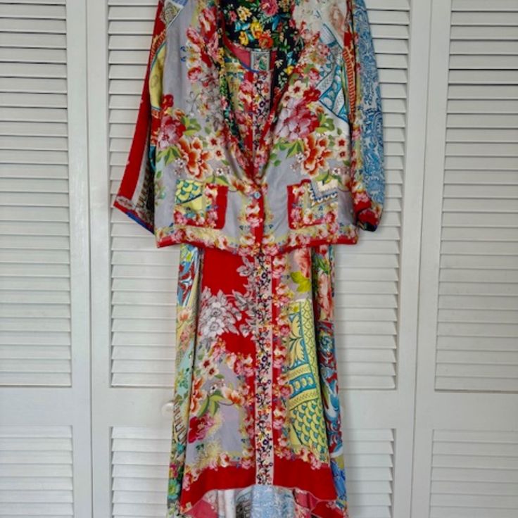 3 Piece Women's Multi Color Silk Dress, Including Camisole, Skirt, And Jacket, 100% Silk, Black Flowered Inner Lining On Jacket, Machine Wash Cold, Low Dry, But Take Out Promptly, Made In China Red Silk Summer Set, Red Silk Sets For Summer, Multicolor Silk Summer Sets, Multicolor Silk Sets For Summer, Summer Silk Daywear Sets, Silk Summer Sets For Daywear, Summer Silk Sets For Daywear, Spring Vacation Silk Sets, Summer Beach Silk Set