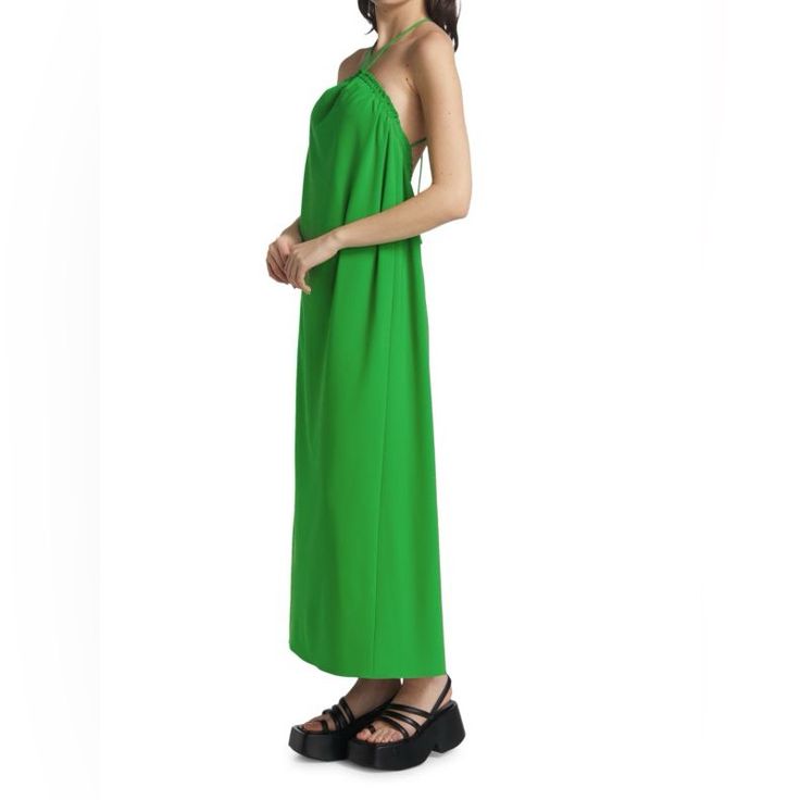 Tanya Taylor Esme Dress In Kelly Green Nwt Halter Neck Sleeveless Tie-Back 68% Polyester/30% Viscose/2% Elastane About 51" From Shoulder To Hem Spring Green Halter Neck Slip Dress, Spring Cocktail Maxi Dress With Spaghetti Straps, Elegant Green Slip Dress For Daywear, Green Midi Sleeveless Dress, Green Sleeveless Midi Dress For Evening, Chic Green Halter Neck Slip Dress, Green Sleeveless Slip Dress For Beach, Spring Evening Sleeveless Sundress, Chic Green Daywear Dress