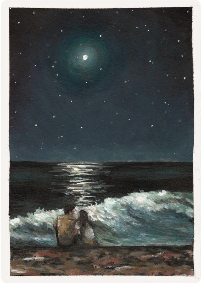 a painting of two people sitting on the beach at night