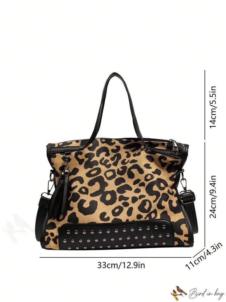 BirdinBag - Chic Studded Leopard Print Handbag with Top Handle Leopard Print Rectangular Bag With Adjustable Strap, Leopard Print Rectangular Bag With Removable Pouch, Rectangular Leopard Print Bags For Daily Use, Leopard Print Large Capacity Rectangular Bag, Trendy Leopard Print Bag With Detachable Strap, Large Capacity Leopard Print Bag For Shopping, Leopard Print Tote Travel Bag, Rectangular Leopard Print Shoulder Bag With Detachable Handle, Chic Double Handle Bag In Leopard Print