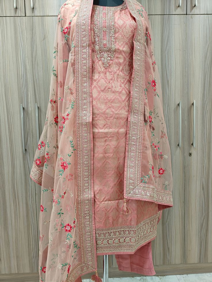 Indian Wedding Wear Salwar Kameez / Indian Ethnic Dress / Plus Size Silk Kurta Dress Traditional Indian Wear / Salwar Kameez Dupatta / Kurti Palazzo Set / Party Wear/ Silk Kurta Set Item Details Peach Woven Design Kurta Trousers & Dupatta KURTA Neck : Round Neck  Sleeves : Long Sleeves Fabric : Silk Blend  Work Type : Zari Detail Woven Design  Length : 46" PANT Pant style : Solid trouser with elastic waist Band 2 Pocket Fabric : Silk Blend  length : 38" DUPATTA Fabric : Embroidered Net Length : Pink Art Silk Palazzo Set With Resham Embroidery, Designer Peach Dress With Traditional Drape, Festive Pink Dola Silk Palazzo Set, Designer Peach Dress With Resham Embroidery, Pink Palazzo Set With Resham Embroidery In Dola Silk, Pink Dola Silk Palazzo Set With Resham Embroidery, Peach Semi-stitched Dress For Designer Wear, Eid Pink Dola Silk Palazzo Set, Peach Tailored Dress For Designer Wear