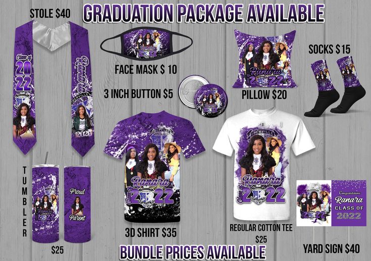 the purple and white graduation package includes two t - shirts, ties, and socks