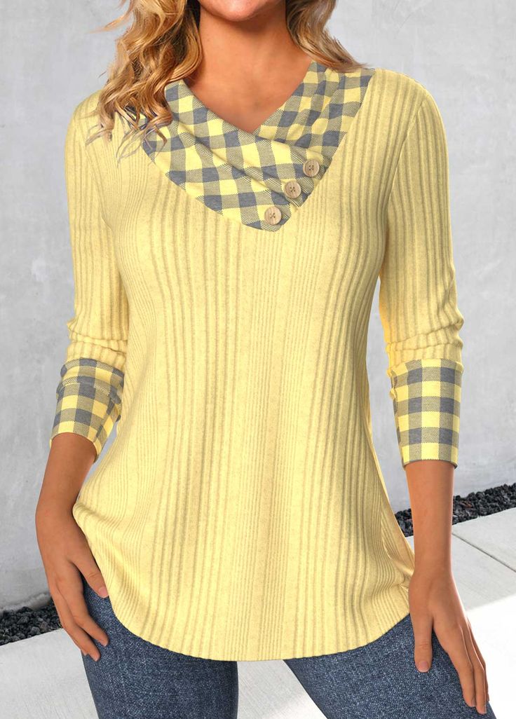 ROTITA Patchwork Plaid Light Yellow V Neck T Shirt Casual Yellow Tops With Splicing, Casual Yellow Spliced Top, V-neck Splicing Top For Fall, V-neck Spliced Top For Fall, Fall V-neck Top With Splicing Details, Fall V-neck Spliced Tops, Yellow Long Sleeve Patchwork Tops, Long Sleeve Yellow Patchwork Tops, Yellow Patchwork Crew Neck Top