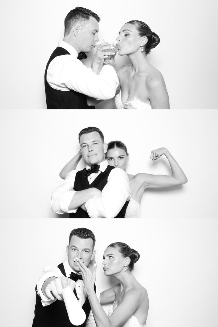 a man and woman posing for pictures in black and white with their arms around each other