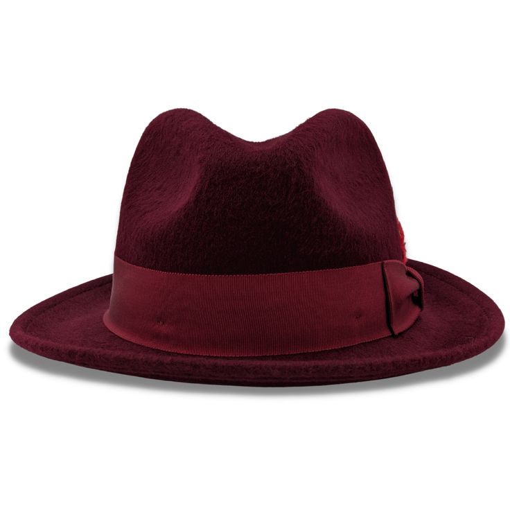 Experience timeless elegance with our Iconify Collection's Burgundy 2 1/4" Brim Beaver Look Felt Hat, designed for those who appreciate sophistication. Crafted with attention to detail, this hat features a pinch crown, feather accent, and a matching grosgrain ribbon. Made from premium quality beaver look wool, it offers both style and durability. With a velcro size adjuster for the perfect fit, this hat ensures comfort and classic appeal. Brim Size: 2 1/4" Feather Accent Matching Grosgrain Ribbo Kentucky Derby Fur Felt Fedora, Formal Fitted Panama Hat With Curved Brim, Elegant Fitted Panama Hat With Curved Brim, Formal Fitted Panama Hat With Flat Brim, Classic Brimmed Fur Felt Panama Hat, Classic Brimmed Panama Hat In Fur Felt, Kentucky Derby Fur Felt Top Hat With Curved Brim, Classic Fitted Panama Hat For Winter, Adjustable Curved Brim Gatsby Hat