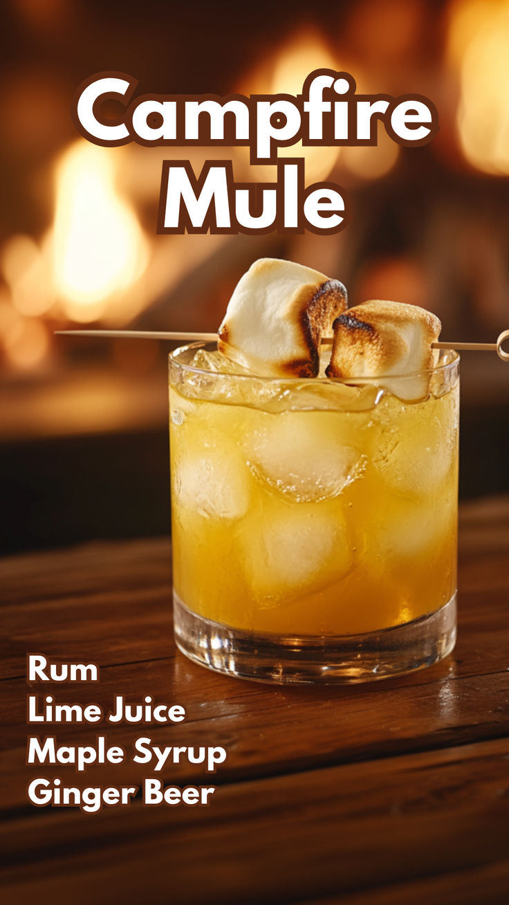 Campfire Mule Halloween Drinks Alcohol Whiskey, Alcoholic Fall Drinks, Campfire Drinks, Camping Cocktails, Booze Recipes, Autumn Beverages, Dark Rum Cocktails, Ginger Beer Drinks, Cocktails Made With Rum