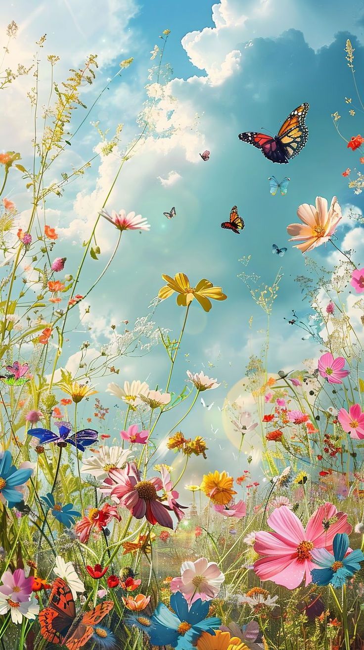 a field full of colorful flowers under a blue cloudy sky with butterflies flying over it