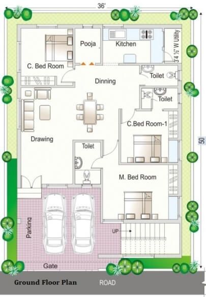 the ground plan for a house with three bedroom and two bathrooms on each side,