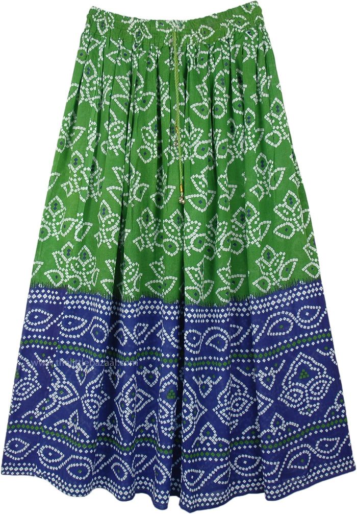 A free-flowing rayon long skirt in green and blue with festival style block print.  This rayon women's skirt features a simple celebration print. #tlb #Printed #Indian #RayonSkirt #DanceSkirt #ComfortableFlowySkirt Green Cotton Maxi Skirt With Relaxed Fit, Green Cotton Lined Maxi Skirt, Green Cotton Maxi Skirt With Lining, Green Flowy Cotton Maxi Skirt, Green Maxi Skirt For Summer, Green Lined Maxi Skirt, Green Relaxed Maxi Skirt, Green Flowy Maxi Skirt, Green Relaxed Fit Maxi Skirt