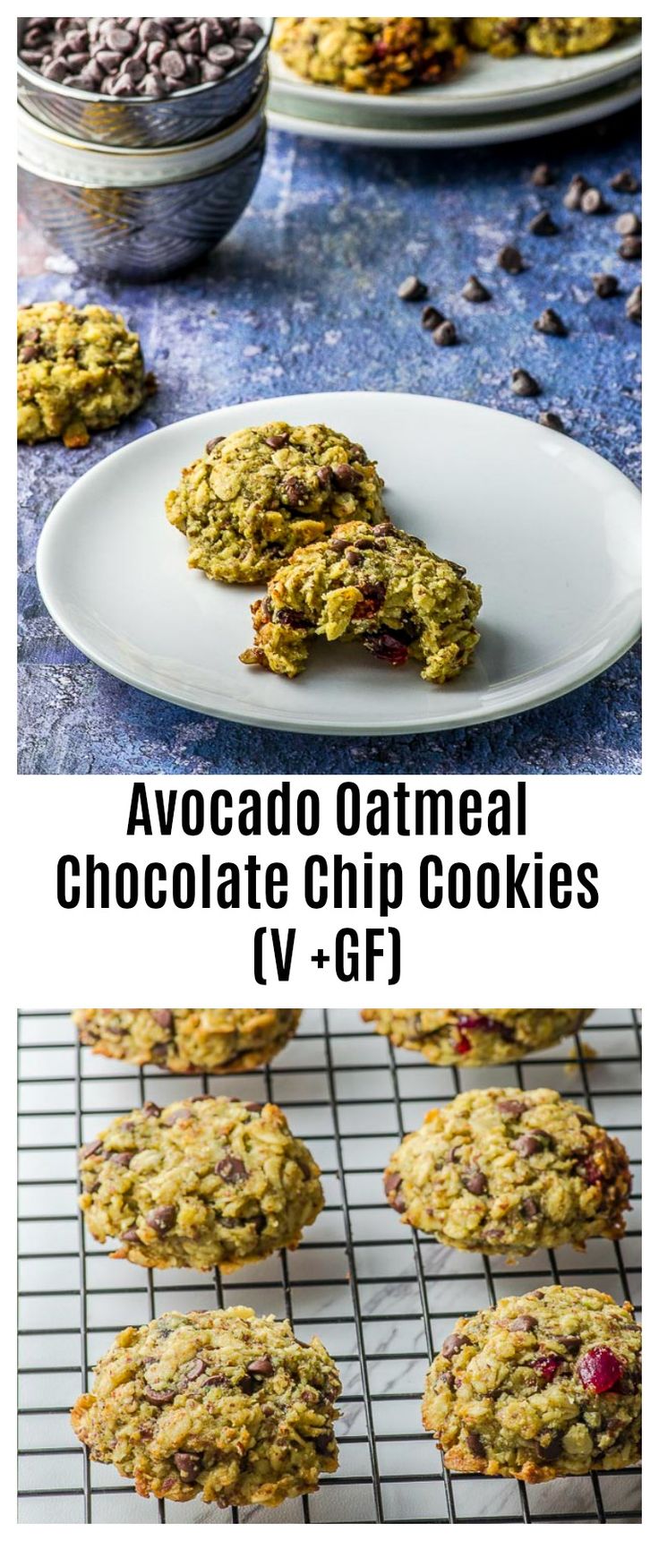 chocolate chip cookies on a cooling rack with the words avocado oatmeal chocolate chip cookies v - gf