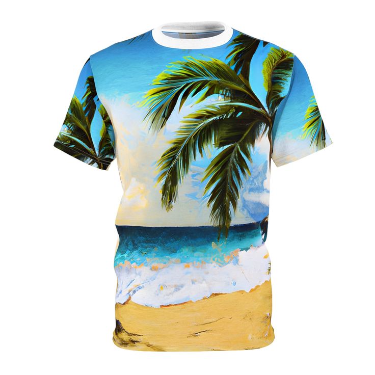 Palms and Beach, Beach Style, Abstract Style,  Unisex Tee  This tee was created to be a versatile and stylish companion for all your casual appearances. With its uniquely textured, thick, microfiber-knit fabric, this t-shirt bears a premium, soft feel that remains lightweight and highly breathable - the perfect combo for a hot day or layering. .: 100% Polyester .: Light fabric (4.0 oz/yd² (113 g/m / (6.0 oz/yd² (170 g/m .: Regular fit .: Tagless .: Runs true to size .: Assembled in the USA from globally sourced parts Summer T-shirt With Sublimation Print And Relaxed Fit, White Tropical Print T-shirt For Vacation, Relaxed Fit Palm Tree Print T-shirt, Tropical Print T-shirt For Beach, White Tropical T-shirt For Beach Season, Hawaiian Style Top With Sublimation Print And Relaxed Fit, White Tropical Print T-shirt For Summer, Casual Vacation Tops With Sublimation Print, Tropical Graphic Print T-shirt For Vacation