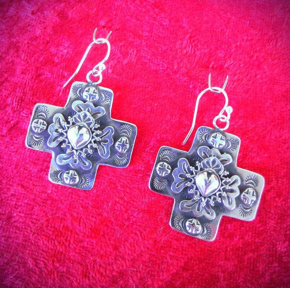 Taos Sacred Heart overlayed on Santa Fe Cross by #SantaFeSilverworks Vintage Sterling Silver Etched Earrings, Vintage Etched Sterling Silver Earrings, Southwestern Silver Earrings With Oxidized Finish, Southwestern Silver Earrings For Gifts, Southwestern Etched Jewelry For Gifts, Handmade Southwestern Silver Earrings, Silver Southwestern Earrings For Gift, Silver Southwestern Style Earrings For Gift, Silver Southwestern Style Earrings For Gifting